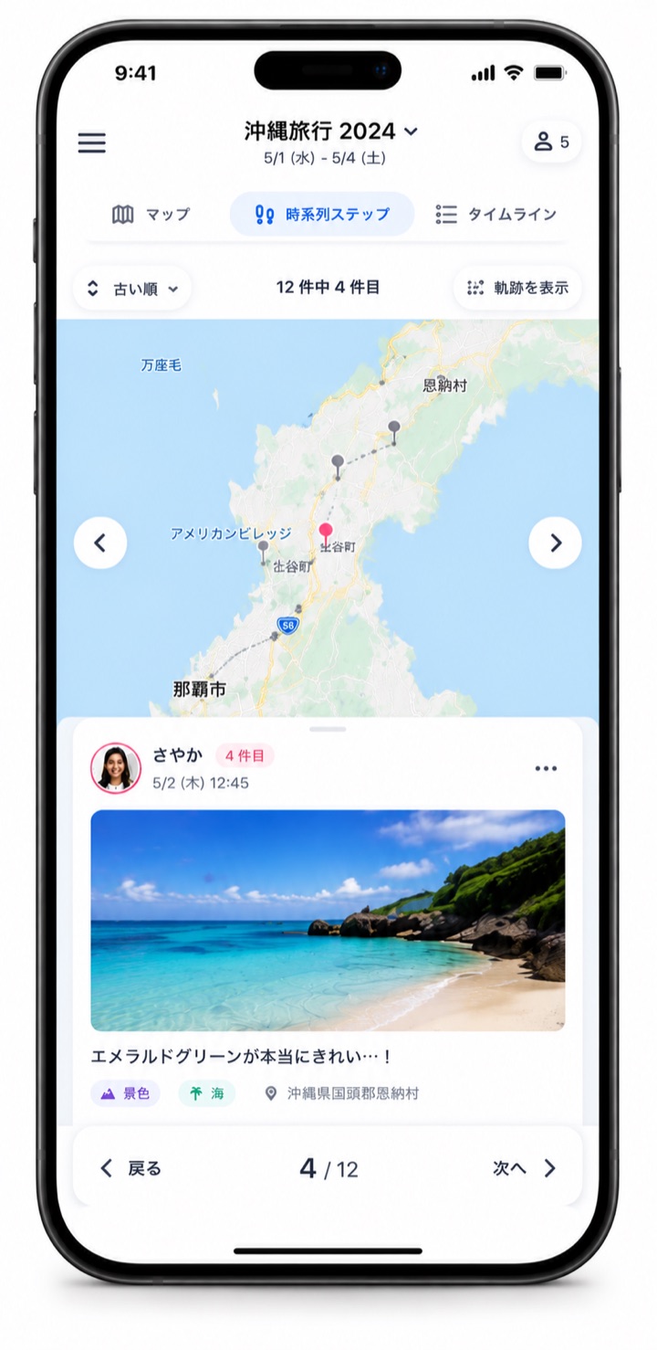 投稿を時系列で1件ずつ見返す時系列ステップビューのコンセプトイメージ。